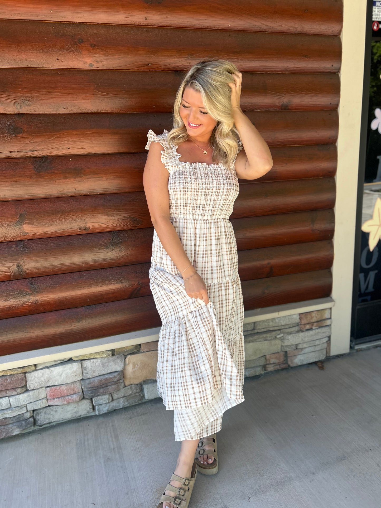 Plaid Smocked Ruffle Strap Tiered Midi