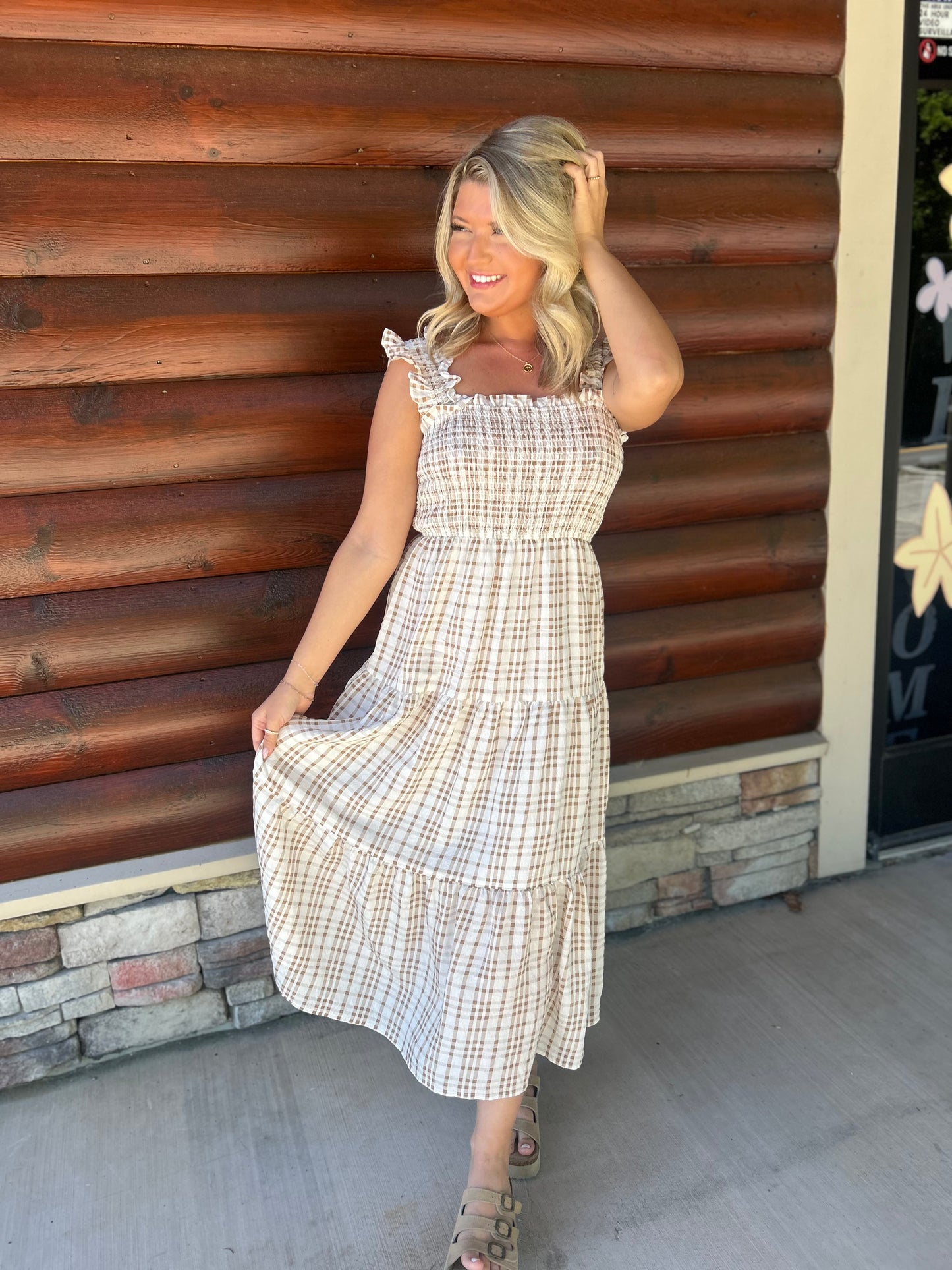 Plaid Smocked Ruffle Strap Tiered Midi