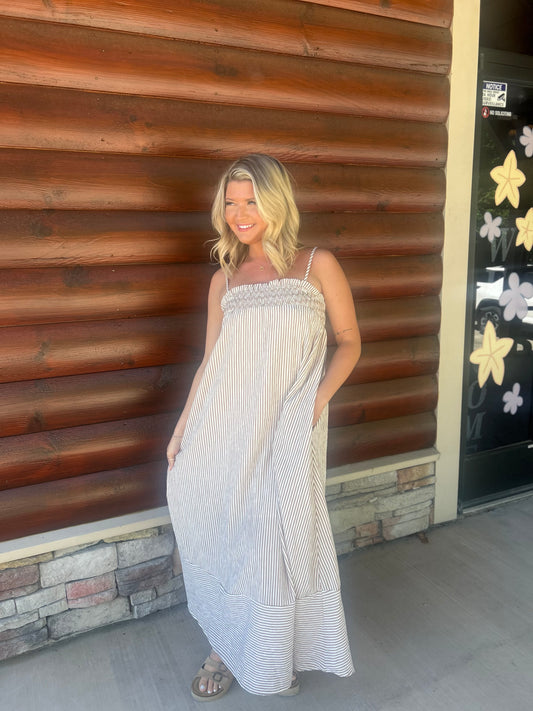 Embroidered Smocked Striped Tunic Maxi