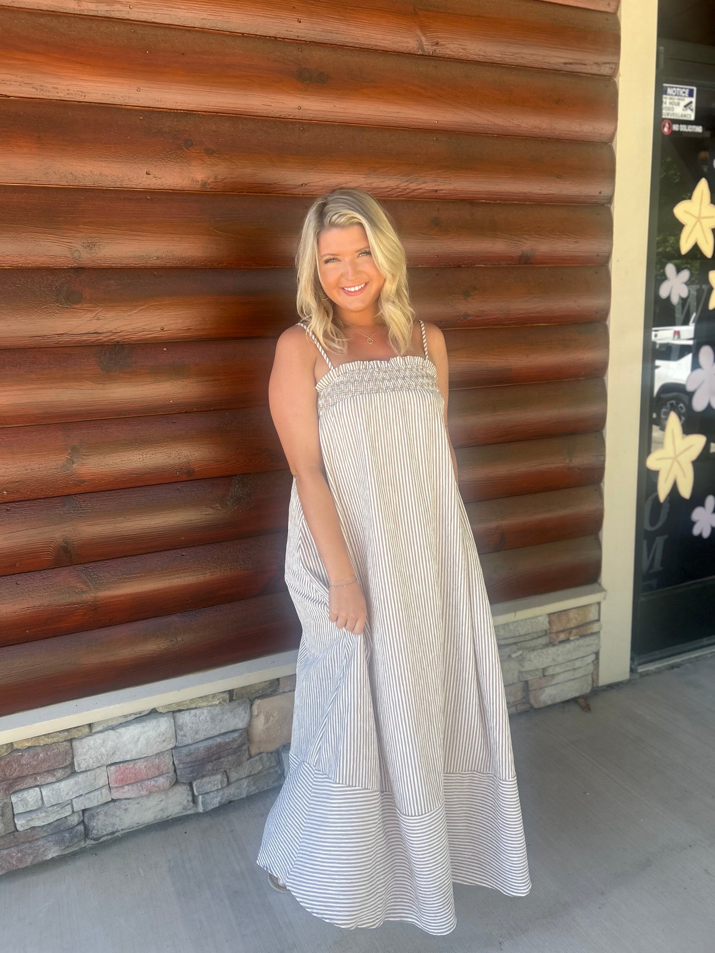 Embroidered Smocked Striped Tunic Maxi