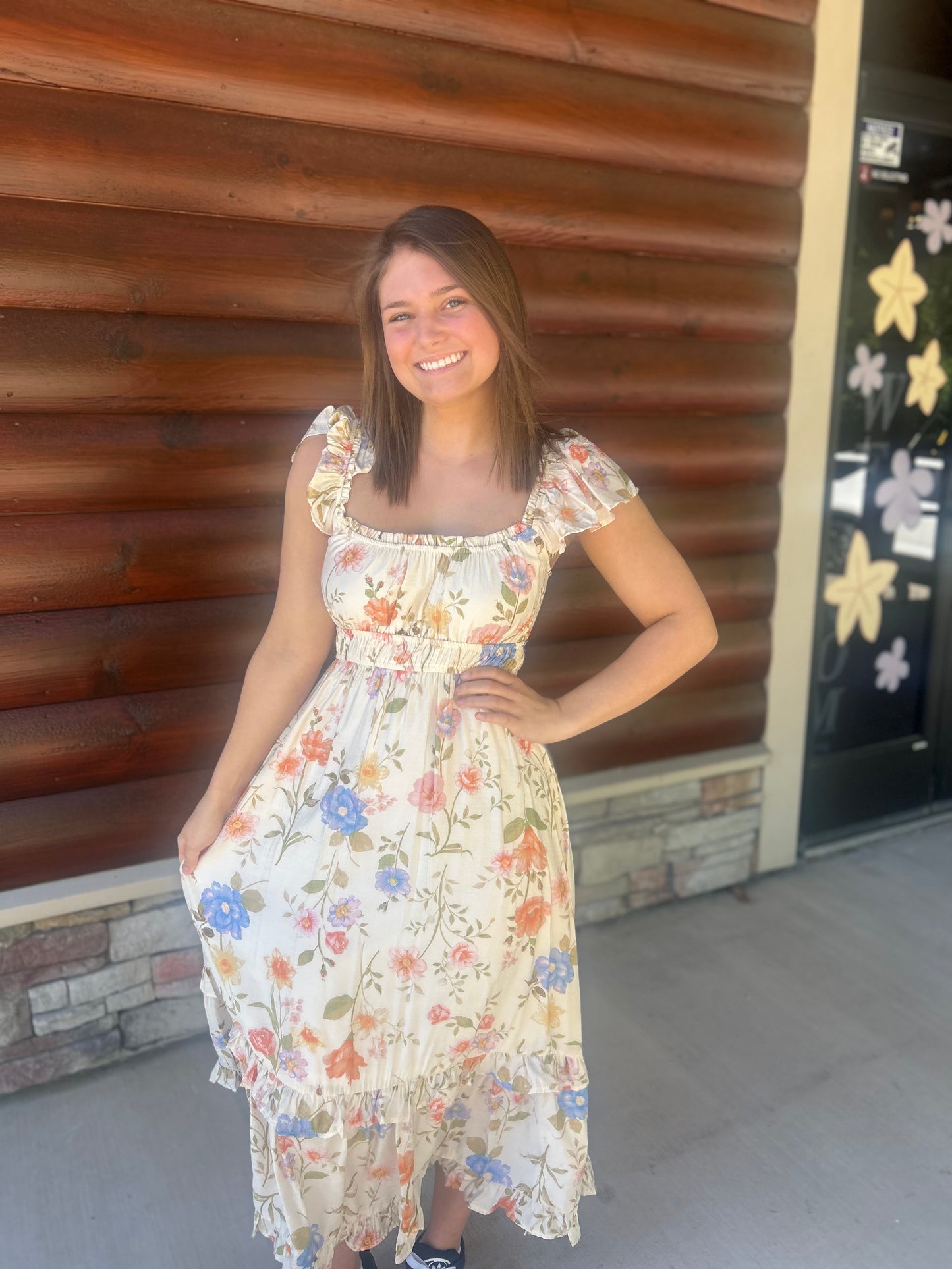 Floral Scoop Neck Ruffle SS Midi