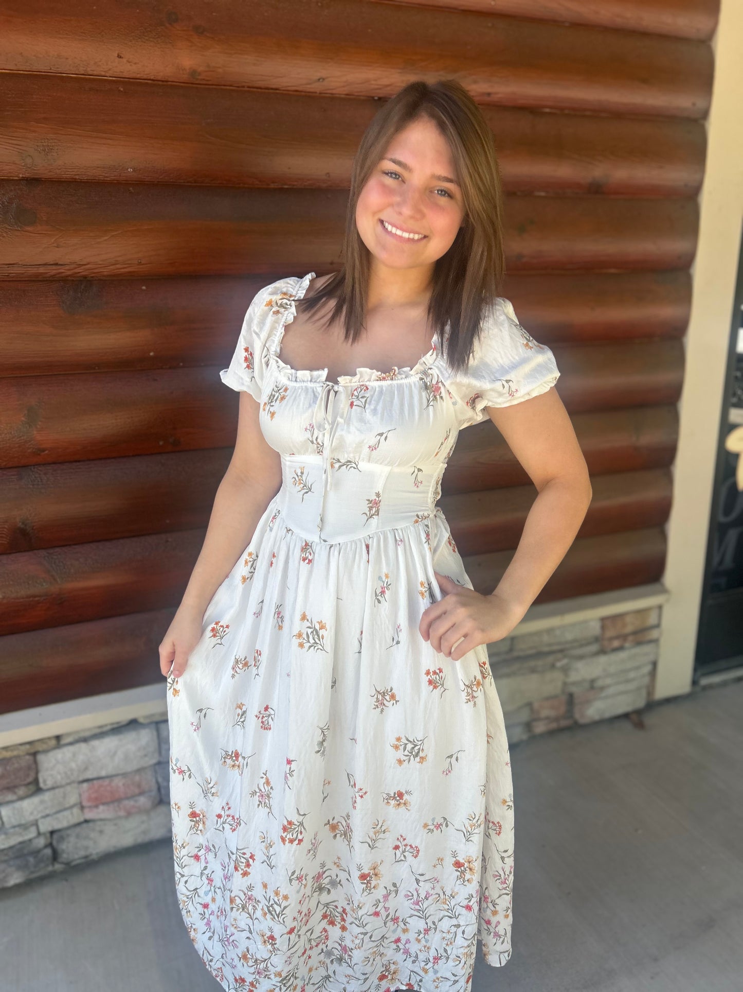 Falling Floral Puff Sleeve Corset Midi