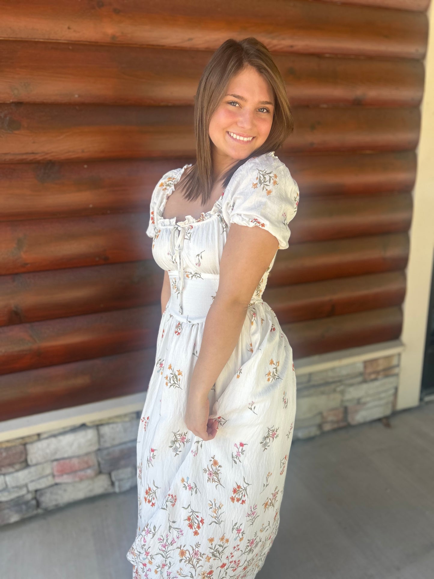 Falling Floral Puff Sleeve Corset Midi