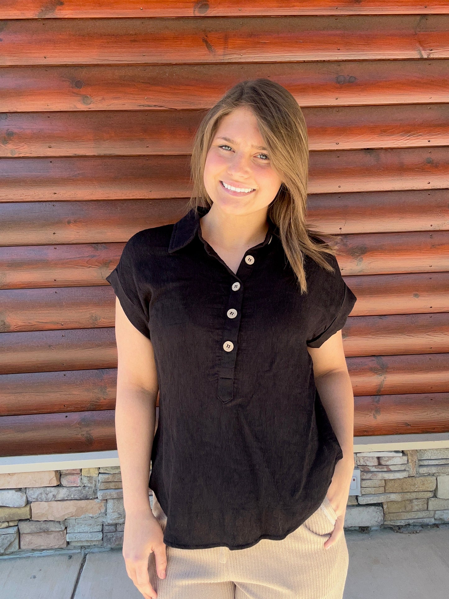 Collared Half Button SS Linen Blend Top