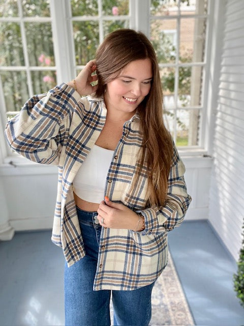 Cream Blue/Brown Plaid Shacket
