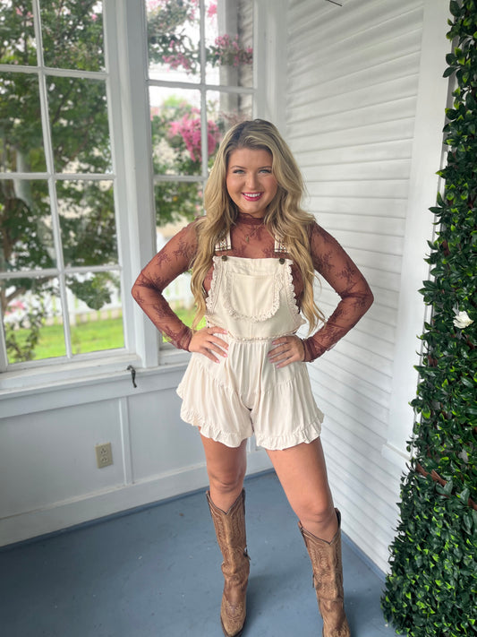 Lace Trim Overalls Romper