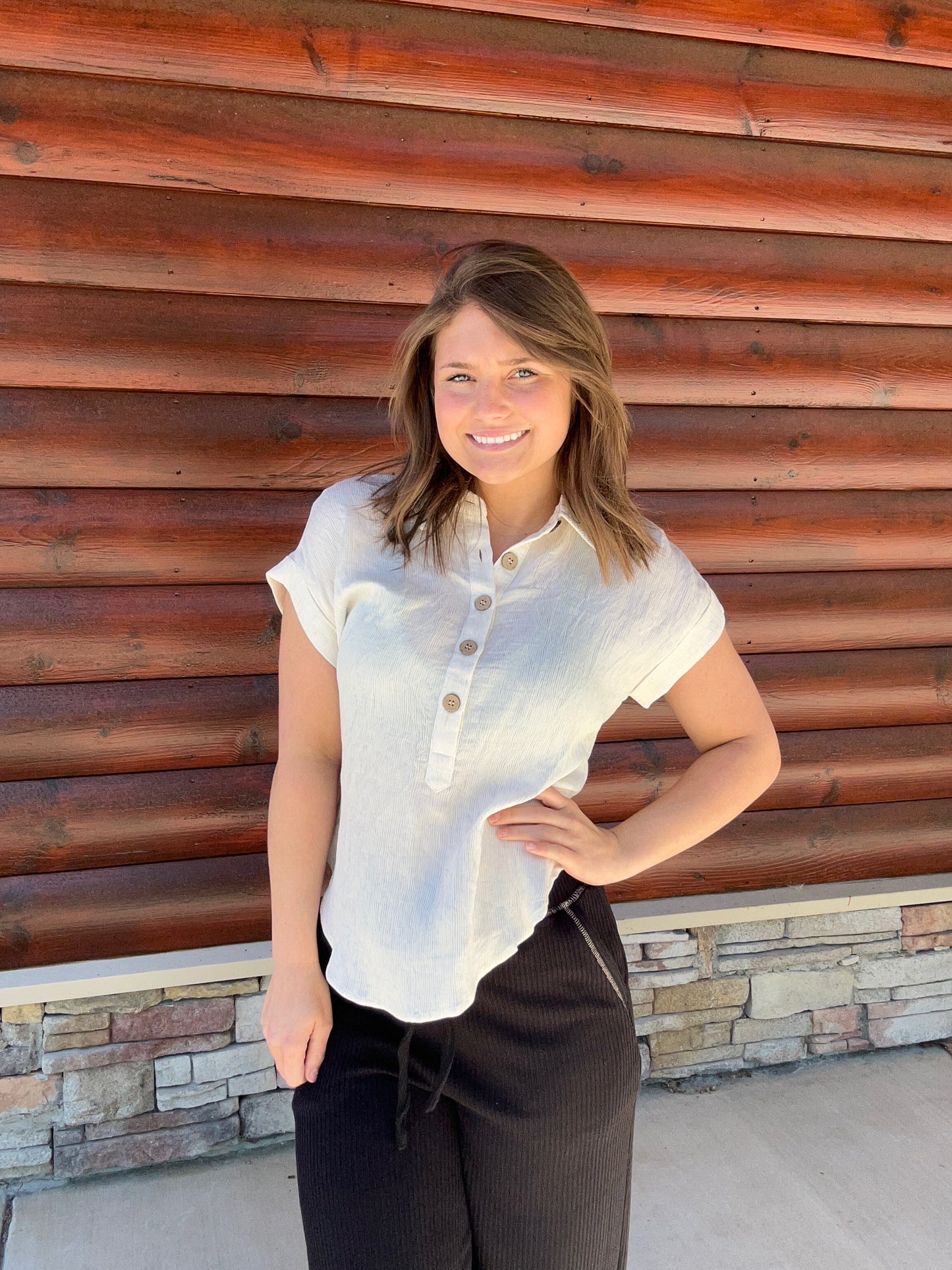 Collared Half Button SS Linen Blend Top