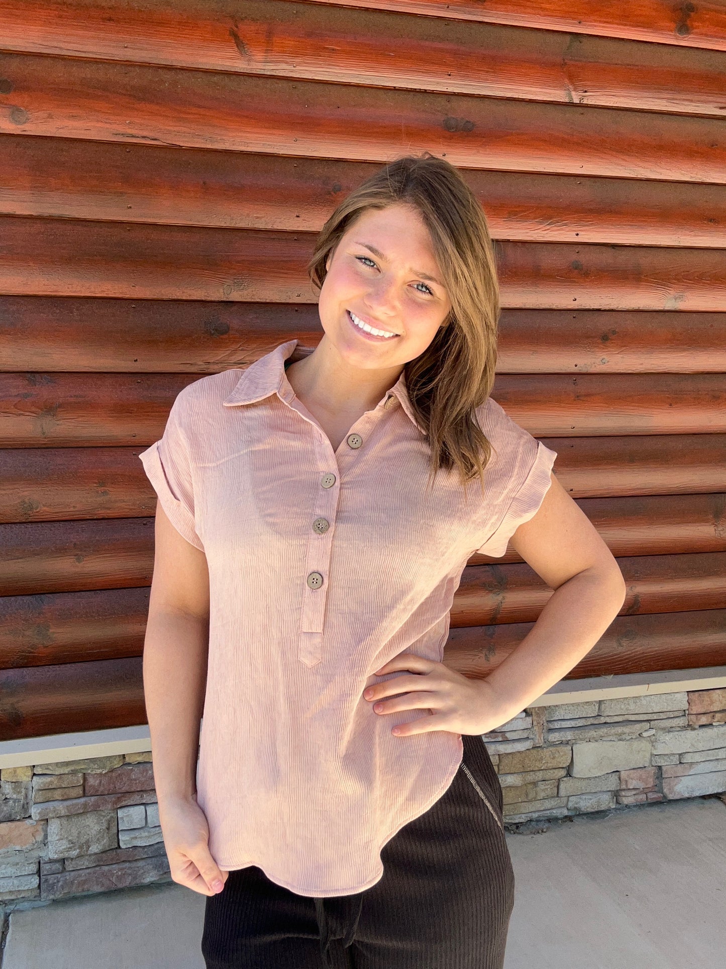 Collared Half Button SS Linen Blend Top