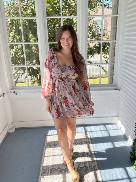 Gray/Maroon Floral Mini Dress