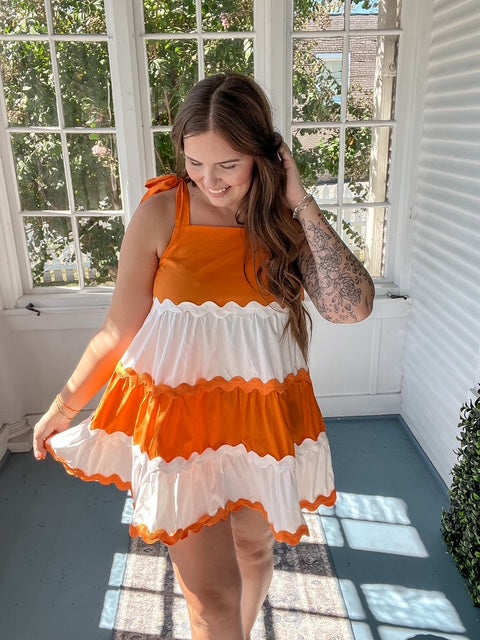 Orange and White Colorblock Tiered Mini Dress