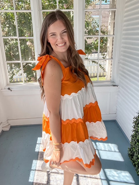 Orange and White Colorblock Tiered Mini Dress