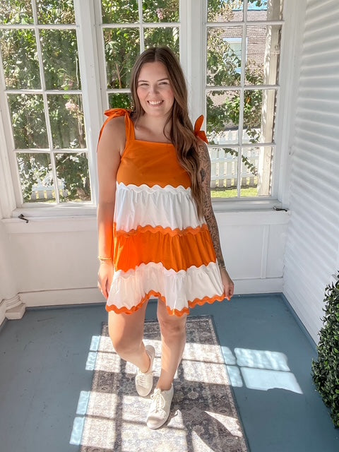 Orange and White Colorblock Tiered Mini Dress