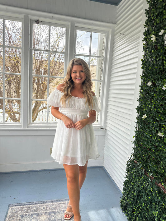A14-White Ruched Puff Sleeve Mini Dress