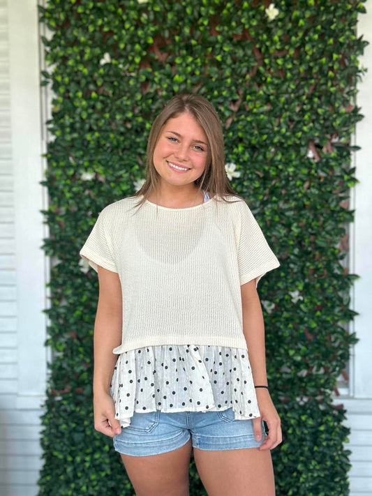 Mixed Media Polka Dot Ruffle Hem Knit Top