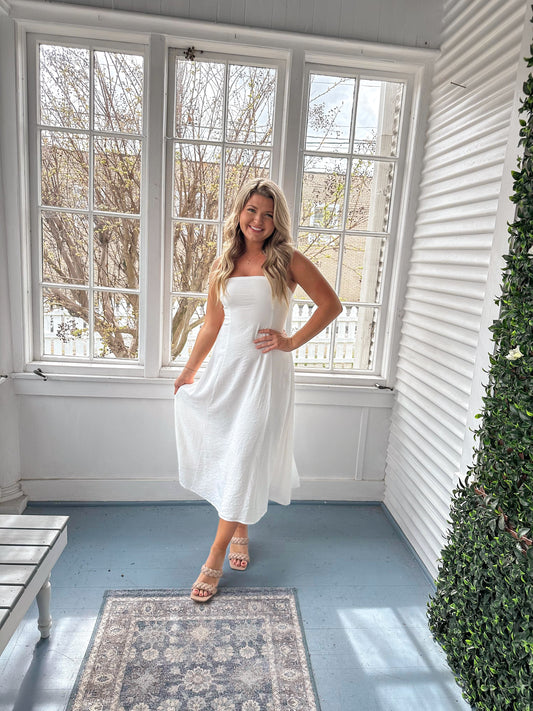 White Strapless Midi Dress