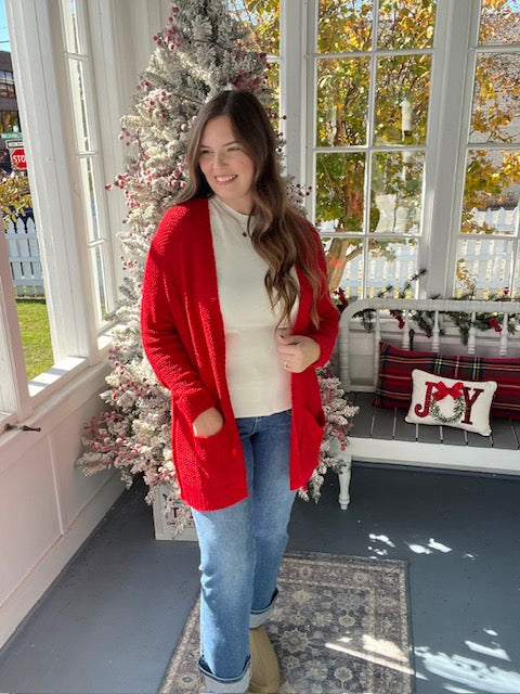 Red Knit Pocket Cardigan