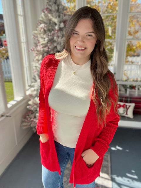 Red Knit Pocket Cardigan